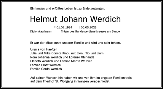 Traueranzeige von Helmut Johann Werdich von SÜDWEST PRESSE Ausgabe Ulm/Neu-Ulm