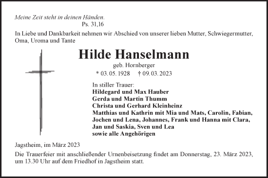 Traueranzeige von Hilde Hanselmann von Hohenloher Tagblatt