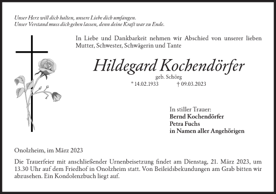 Traueranzeige von Hildegard Kochendörfer von Hohenloher Tagblatt