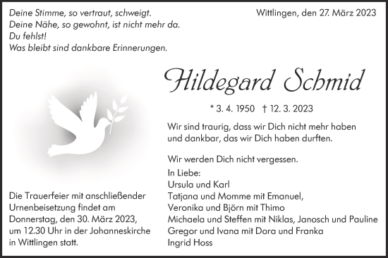 Traueranzeige von Hildegard Schmid von Metzinger-Uracher Volksblatt