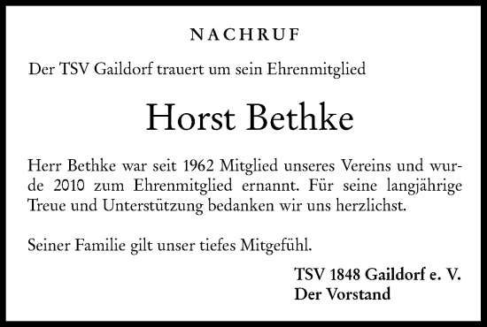 Traueranzeige von Horst Bethke von Rundschau Gaildorf