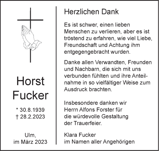 Traueranzeige von Horst Fucker von SÜDWEST PRESSE Ausgabe Ulm/Neu-Ulm