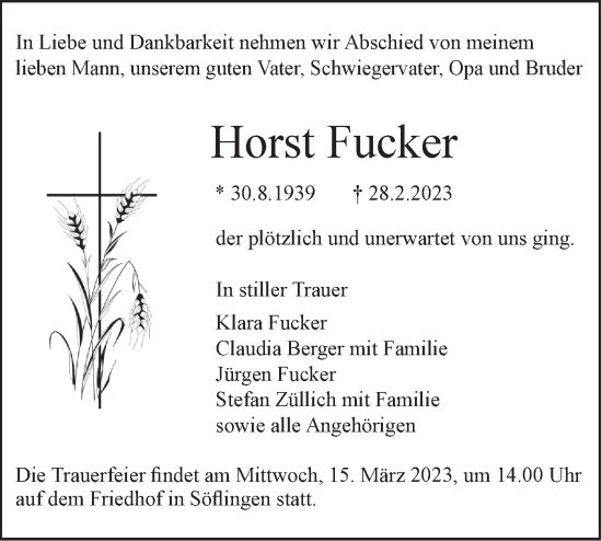 Traueranzeige von Horst Fucker von SÜDWEST PRESSE Ausgabe Ulm/Neu-Ulm