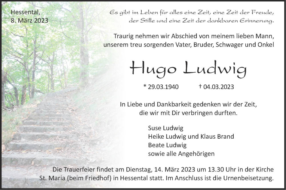  Traueranzeige für Hugo Ludwig vom 08.03.2023 aus Haller Tagblatt