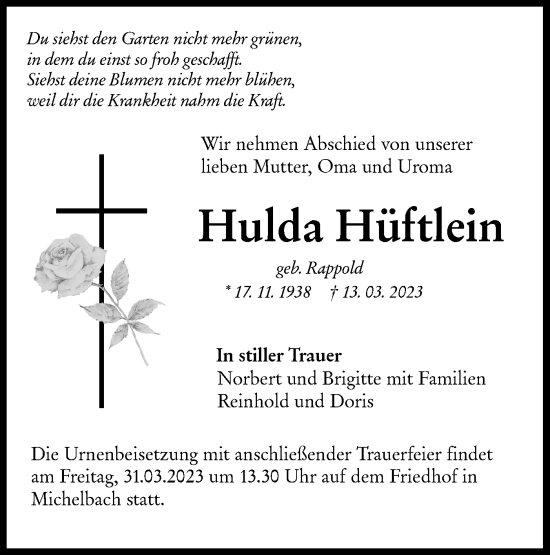 Traueranzeige von Hulda Hüftlein von Hohenloher Tagblatt