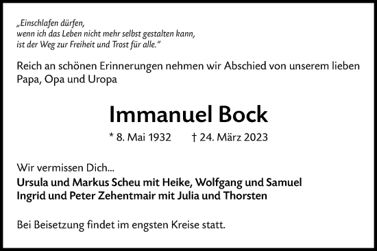 Traueranzeige von Immanuel Bock von Metzinger-Uracher Volksblatt