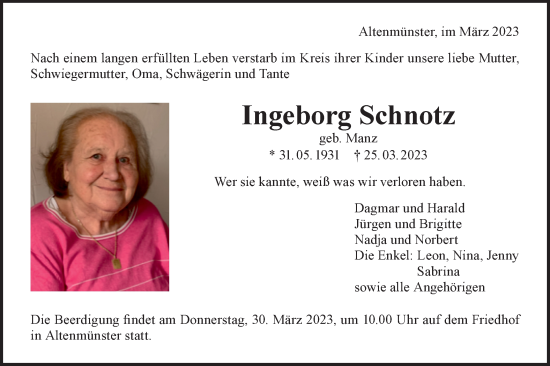 Traueranzeige von Ingeborg Schnotz von Hohenloher Tagblatt