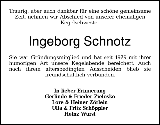 Traueranzeige von Ingeborg Schnotz von Hohenloher Tagblatt