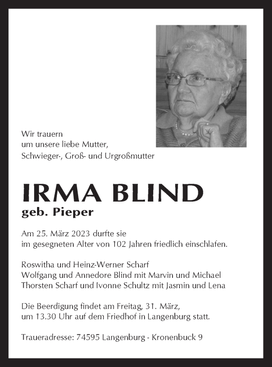 Traueranzeige von Irma Blind von Hohenloher Tagblatt