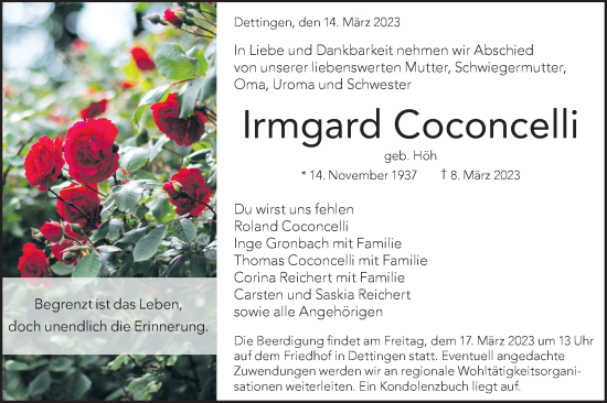 Traueranzeige von Irmgard Coconcelli von Metzinger-Uracher Volksblatt