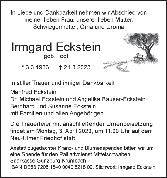 Traueranzeige von Irmgard Eckstein von SÜDWEST PRESSE Ausgabe Ulm/Neu-Ulm