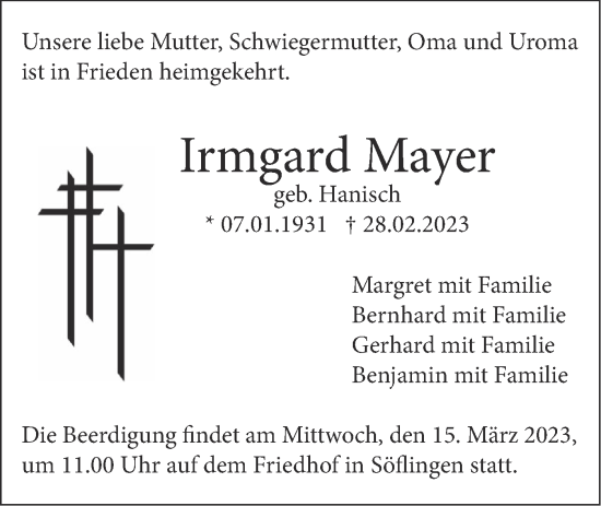 Traueranzeige von Irmgard Mayer von SÜDWEST PRESSE Ausgabe Ulm/Neu-Ulm