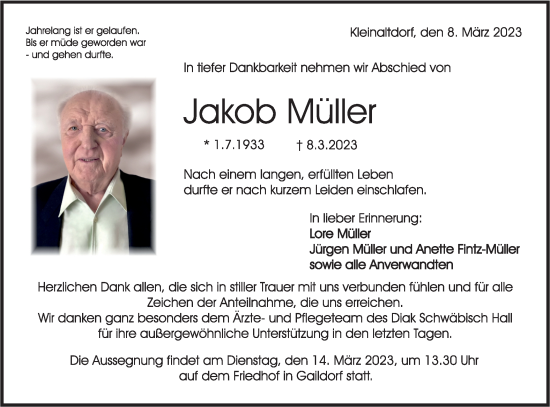 Traueranzeige von Jakob Müller von Rundschau Gaildorf