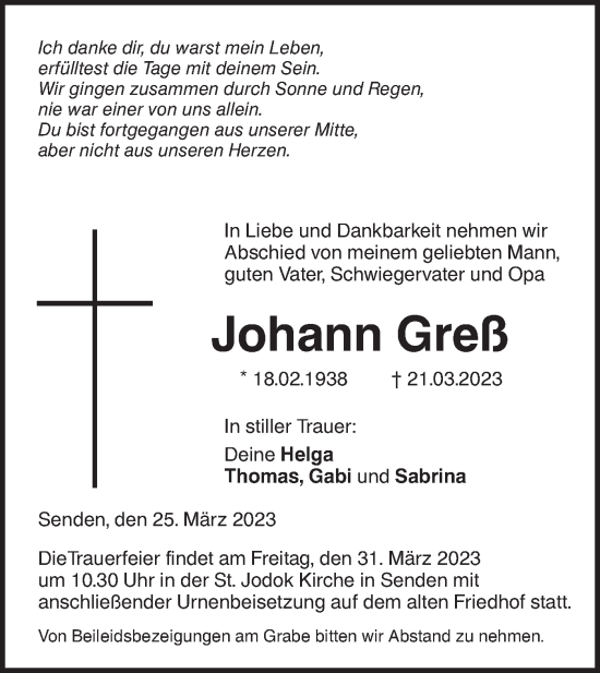 Traueranzeige von Johann Greß von SÜDWEST PRESSE Ausgabe Ulm/Neu-Ulm