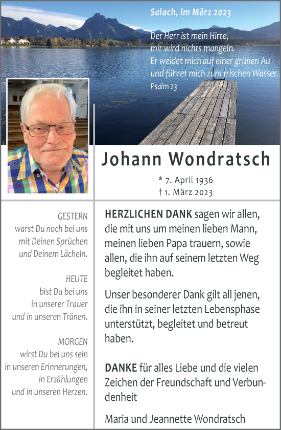 Traueranzeige von Johann Wondratsch von NWZ Neue Württembergische Zeitung