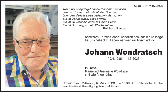 Traueranzeige von Johann Wondratsch von NWZ Neue Württembergische Zeitung