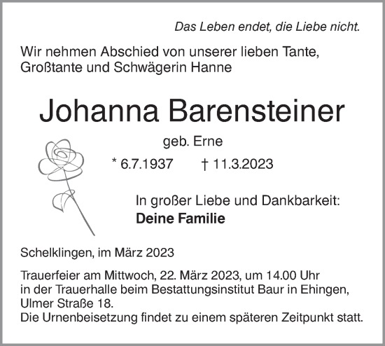 Traueranzeige von Johanna Barensteiner von Ehinger Tagblatt