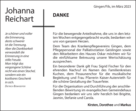 Traueranzeige von Johanna Reichart von Geislinger Zeitung