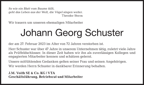 Traueranzeige von Johann Georg Schuster von Hohenloher Tagblatt