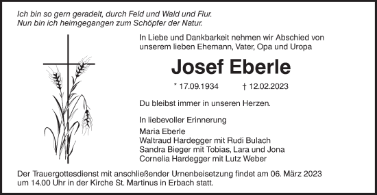 Traueranzeige von Josef Eberle von SÜDWEST PRESSE Ausgabe Ulm/Neu-Ulm