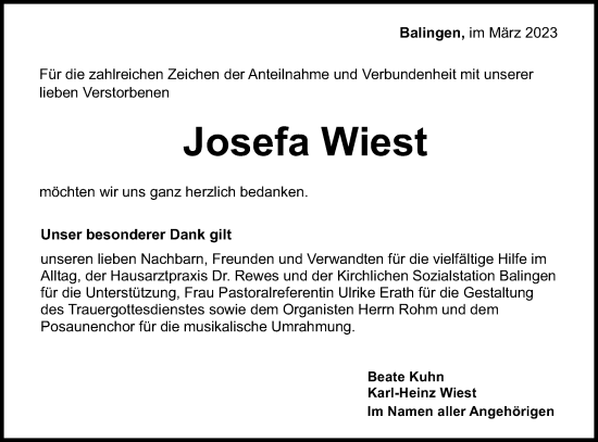 Traueranzeige von Josefa Wiest von Metzinger-Uracher Volksblatt