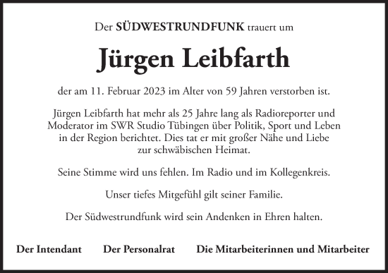 Traueranzeige von Jürgen Leibfarth von SÜDWEST PRESSE