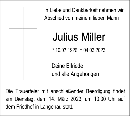 Traueranzeige von Julius Miller von SÜDWEST PRESSE Ausgabe Ulm/Neu-Ulm