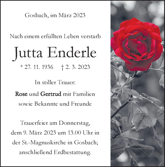 Traueranzeige von Jutta Enderle von Geislinger Zeitung