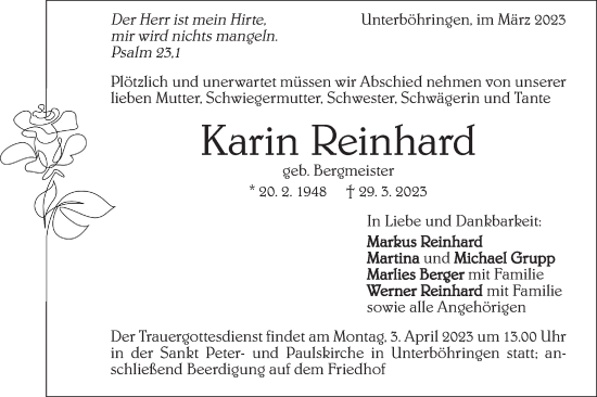 Traueranzeige von Karin Reinhard von Geislinger Zeitung