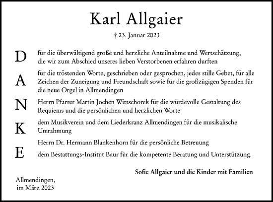 Traueranzeige von Karl Allgaier von Ehinger Tagblatt