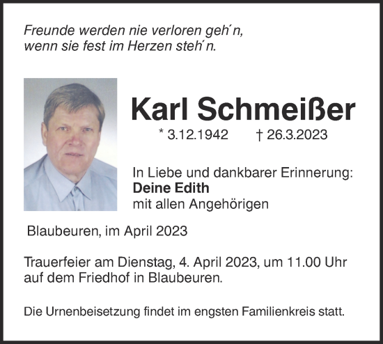 Traueranzeige von Karl Schmeißer von SÜDWEST PRESSE Ausgabe Ulm/Neu-Ulm