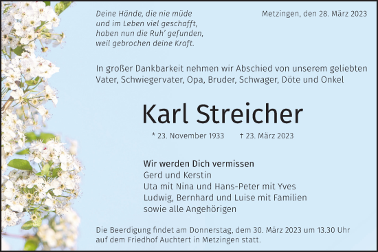 Traueranzeige von Karl Streicher von Metzinger-Uracher Volksblatt