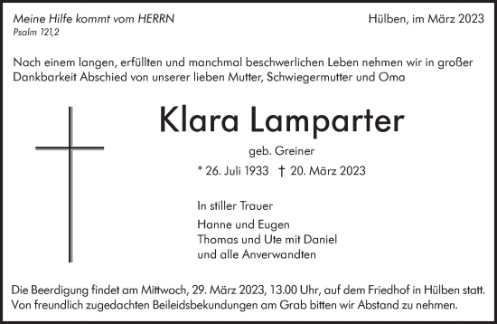 Traueranzeige von Klara Lamparter von Alb-Bote/Metzinger-Uracher Volksblatt