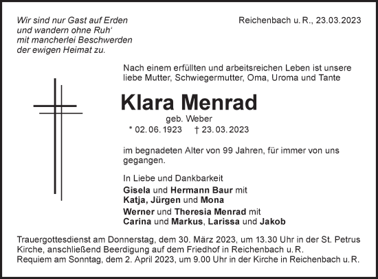 Traueranzeige von Klara Menrad von NWZ Neue Württembergische Zeitung