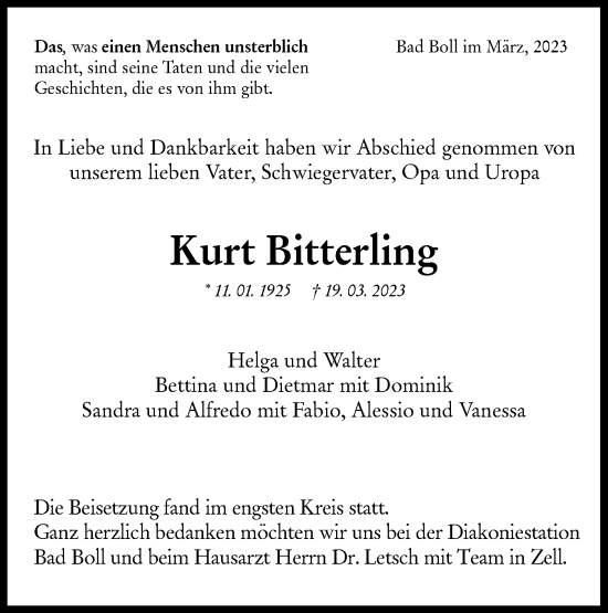 Traueranzeige von Kurt Bitterling von NWZ Neue Württembergische Zeitung