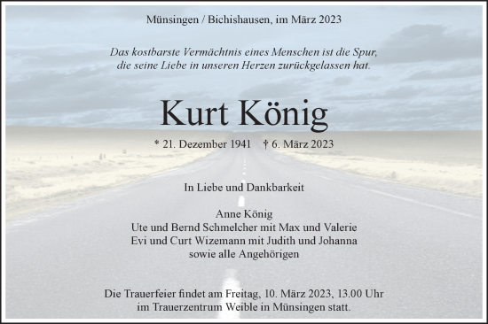 Traueranzeige von Kurt König von Alb-Bote/Metzinger-Uracher Volksblatt