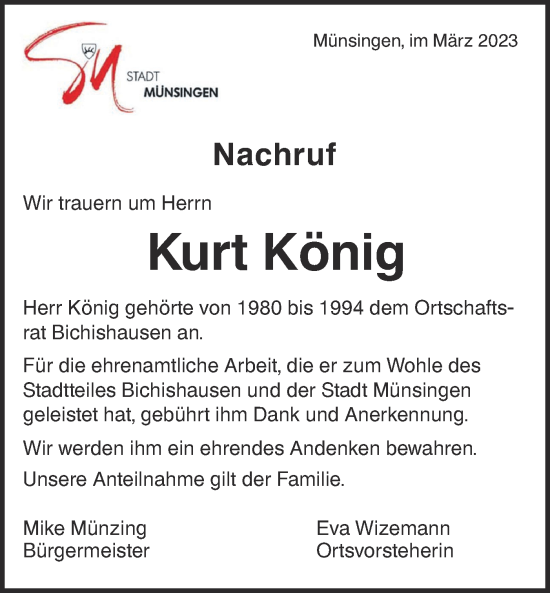 Traueranzeige von Kurt König von Alb-Bote/Metzinger-Uracher Volksblatt