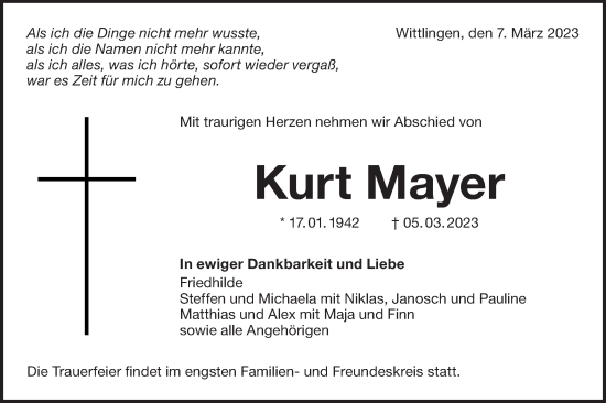 Traueranzeige von Kurt Mayer von Metzinger-Uracher Volksblatt