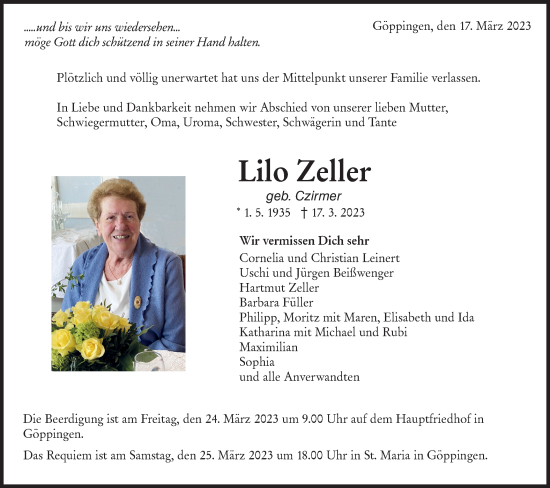 Traueranzeige von Lilo Zeller von NWZ Neue Württembergische Zeitung/Geislinger Zeitung