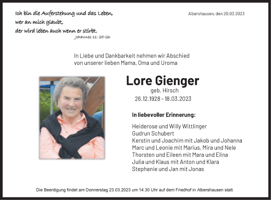 Traueranzeige von Lore Gienger von NWZ Neue Württembergische Zeitung