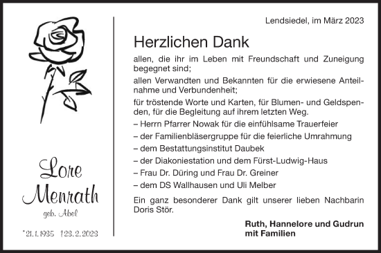 Traueranzeige von Lore Menrath von Hohenloher Tagblatt