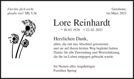 Traueranzeige von Lore Reinhardt von Hohenloher Tagblatt