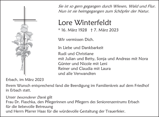 Traueranzeige von Lore Winterfeldt von SÜDWEST PRESSE Ausgabe Ulm/Neu-Ulm