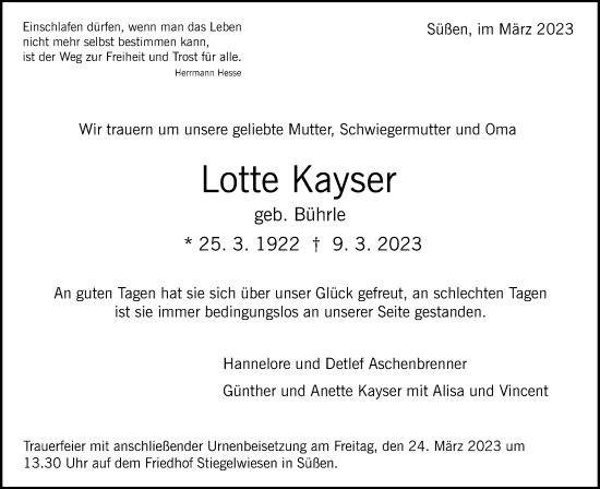 Traueranzeige von Lotte Kayser von NWZ Neue Württembergische Zeitung