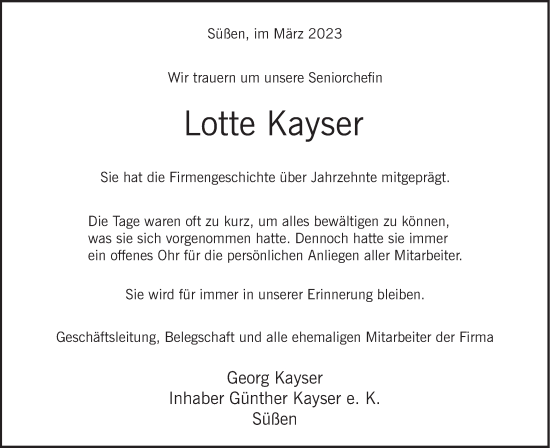 Traueranzeige von Lotte Kayser von NWZ Neue Württembergische Zeitung