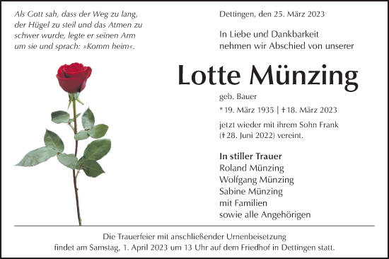 Traueranzeige von Lotte Münzing von Metzinger-Uracher Volksblatt