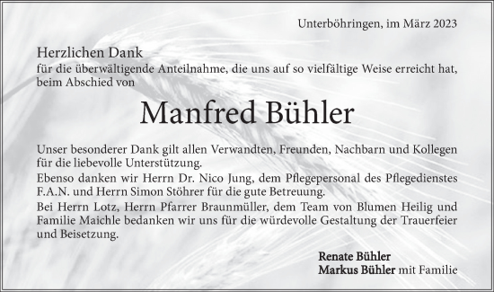 Traueranzeige von Manfred Bühler von Geislinger Zeitung