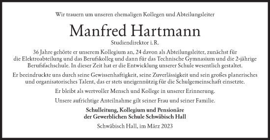 Traueranzeige von Manfred Hartmann von Haller Tagblatt