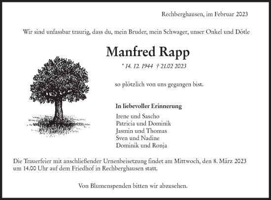 Traueranzeige von Manfred Rapp von NWZ Neue Württembergische Zeitung