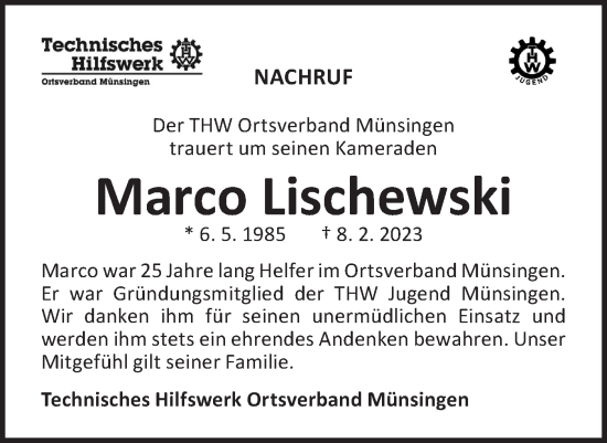 Traueranzeige von Marco Lischewski von Alb-Bote/Metzinger-Uracher Volksblatt